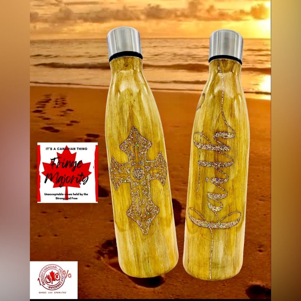 Faith 17oz water bottle, hand painted wood grain, gold & gemstone glitter inlays